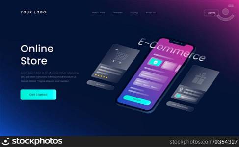 Online Store Business Landing Page Template with Gradient Background and Isometric 3d Vector Illustration glass effect