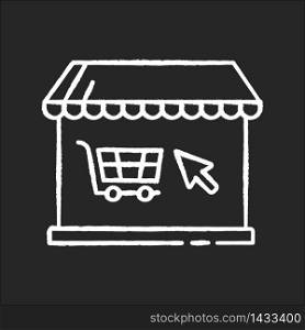 Online store chalk white icon on black background. Internet store for goods and food. E commerce and retail. Smart modern shopping. Purchase groceries. Isolated vector chalkboard illustration. Online store chalk white icon on black background
