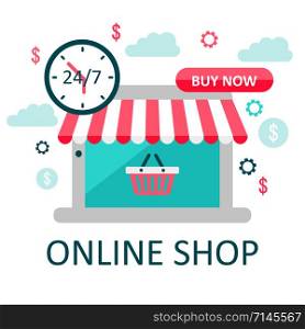 Online store concept on laptop screen with striped awning. Online store concept on laptop screen with striped color awning