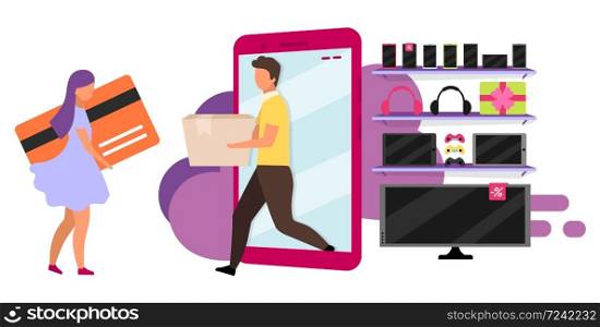 Online store delivery service flat vector illustration. Electronics store purchase concept. Girl buying appliance with credit card. Shopper and seller isolated cartoon character on white background