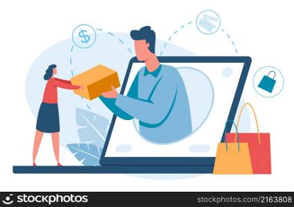 Online store delivery service, receive parcel from shop. Vector store service delivery online, parcel and package illustration. Online store delivery service, receive parcel from shop