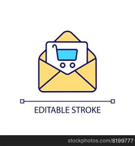 Online store email notification RGB color icon. Electronic reminder. Customer relationship. Correspondence. Isolated vector illustration. Simple filled line drawing. Editable stroke. Arial font used. Online store email notification RGB color icon