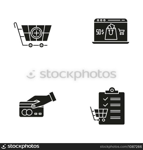 Online store glyph icons set. Payment by credit card, writing shopping list. Choosing and adding goods to basket. Internet shopping, online store app. Silhouette symbols. Vector isolated illustration