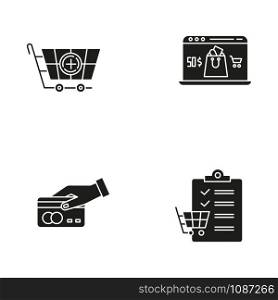 Online store glyph icons set. Payment by credit card, writing shopping list. Choosing and adding goods to basket. Internet shopping, online store app. Silhouette symbols. Vector isolated illustration