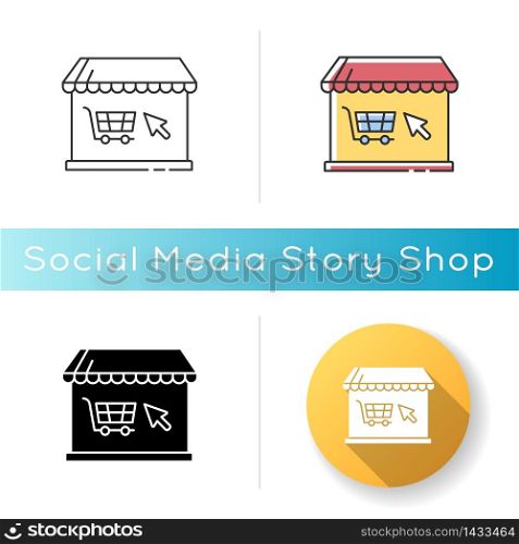 Online store icon. Internet store for goods and food. E commerce and retail. Purchase groceries in online supermarket. Linear black and RGB color styles. Isolated vector illustrations. Online store icon