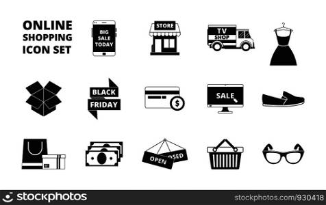 Online store icon. Web shopping online pay cards money and discount cards retail markete-commerce products vector black symbols. Illustration of store and retail, e-commerce monochrome silhouette. Online store icon. Web shopping online pay cards money and discount cards retail markete-commerce products vector black symbols