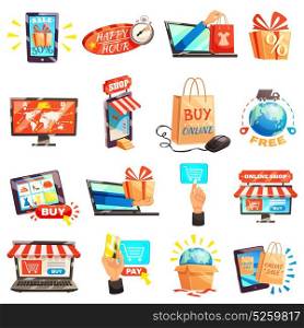 Online Store Icons Collection. Online shopping e-commerce set of isolated conceptual images with electronic gadgets gift boxes and storefront vector illustration
