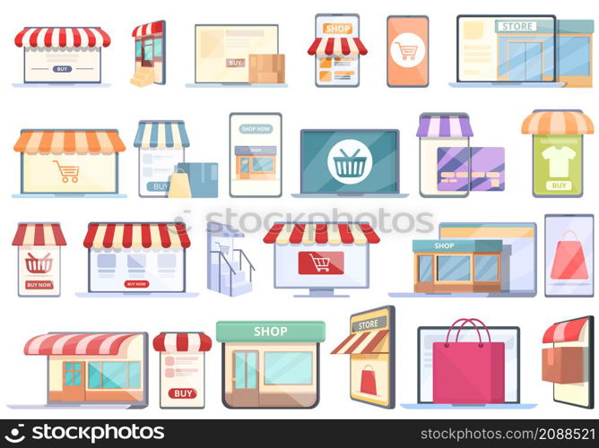 Online store icons set cartoon vector. Money shop. Retail sale. Online store icons set cartoon vector. Money shop