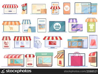 Online store icons set cartoon vector. Money shop. Retail sale. Online store icons set cartoon vector. Money shop