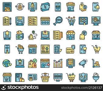 Online store icons set outline vector. Retail shop. Money sale. Online store icons set vector flat