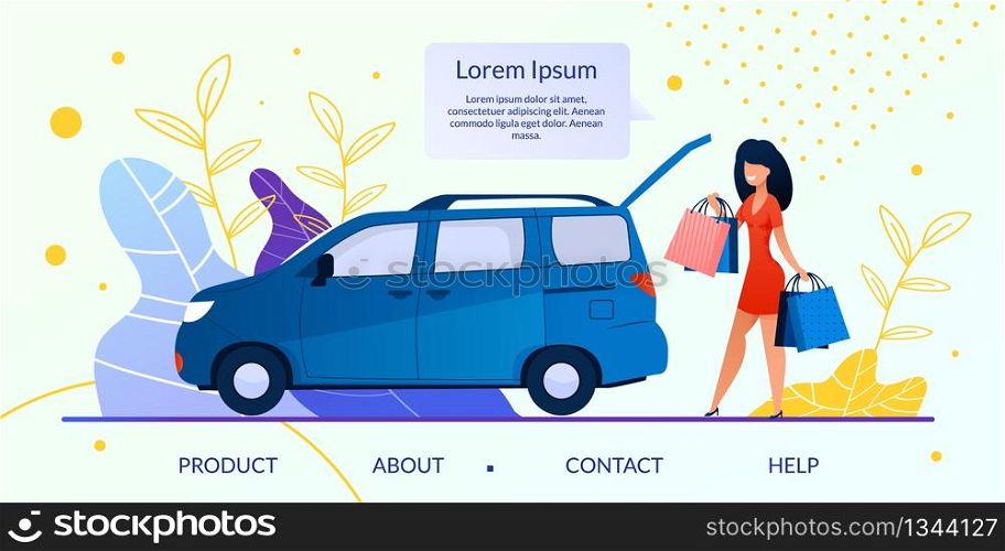 Online Store, Internet Shop, Retail Company or Web Service Flat Vector Web Banner, Landing Page Template with Happy Woman, Female Customer, Client Putting Shopping Bags in Car Trunk Illustration