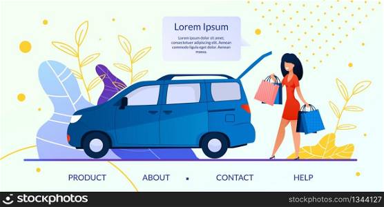 Online Store, Internet Shop, Retail Company or Web Service Flat Vector Web Banner, Landing Page Template with Happy Woman, Female Customer, Client Putting Shopping Bags in Car Trunk Illustration