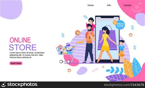 Online Store Landing Page. Flat Template Promote Big Sale, Great Discount, Special Offer. Vector Cartoon Happy Family Shopping. Father, Mother, Daughters Walk with Cart. Illustration with Smartphone. Online Store Advertising Landing Page Template