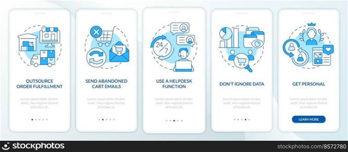 Online store management tips blue onboarding mobile app screen. Walkthrough 5 steps editable graphic instructions with linear concepts. UI, UX, GUI template. Myriad Pro-Bold, Regular fonts used. Online store management tips blue onboarding mobile app screen
