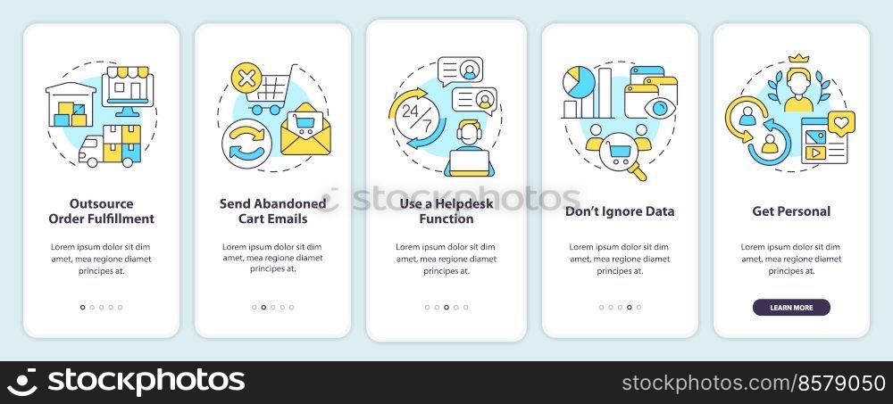 Online store management tips onboarding mobile app screen. Walkthrough 5 steps editable graphic instructions with linear concepts. UI, UX, GUI template. Myriad Pro-Bold, Regular fonts used. Online store management tips onboarding mobile app screen