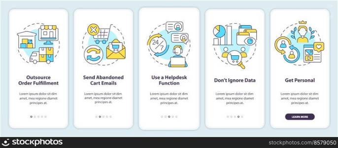 Online store management tips onboarding mobile app screen. Walkthrough 5 steps editable graphic instructions with linear concepts. UI, UX, GUI template. Myriad Pro-Bold, Regular fonts used. Online store management tips onboarding mobile app screen