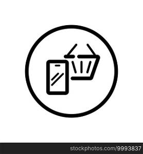 Online store. Mobile payment. Smartphone and shopping basket. Commerce outline icon in a circle. Isolated vector illustration