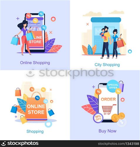 Online Store. Online City Shopping. Buy Now. Girl Buys through application Store. Family with Child Visits Mall. Discounts purchase Food Store. Convenient Application Smartphone Shopping.