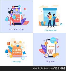 Online Store. Online City Shopping. Buy Now. Girl Buys through application Store. Family with Child Visits Mall. Discounts purchase Food Store. Convenient Application Smartphone Shopping.