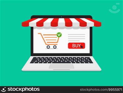Online store. Online shop in laptop. Icon of ecommerce. Purchase of product with computer in website. Sale in virtual market. Buy in web supermarket. Screen of laptop with showcase and tent. Vector.. Online store. Online shop in laptop. Icon of ecommerce. Purchase of product with computer in website. Sale in virtual market. Buy in web supermarket. Screen of laptop with showcase and tent. Vector