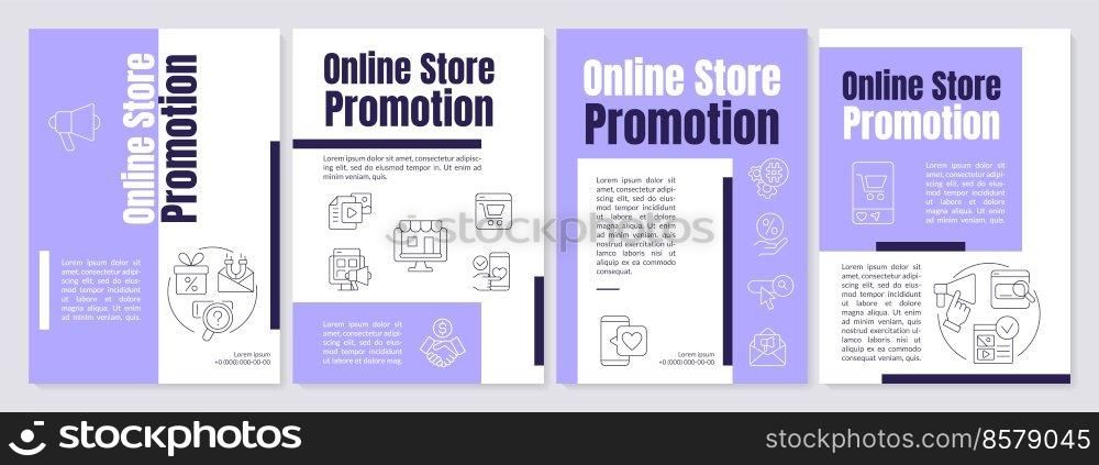 Online store promotion purple brochure template. Marketing. Leaflet design with linear icons. Editable 4 vector layouts for presentation, annual reports. Anton, Lato-Regular fonts used. Online store promotion purple brochure template