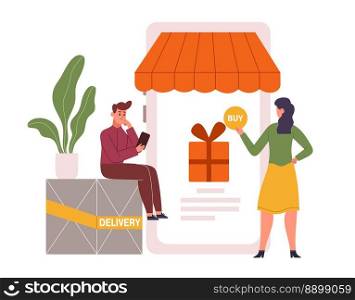 Online store purchasing, mobile payment. Woman ordering gift in internet via smartphone application. Man holding phone and sitting on package. Character shopping, buying presents vector. Online store purchasing, mobile payment. Woman ordering gift in internet via smartphone application. Man holding phone