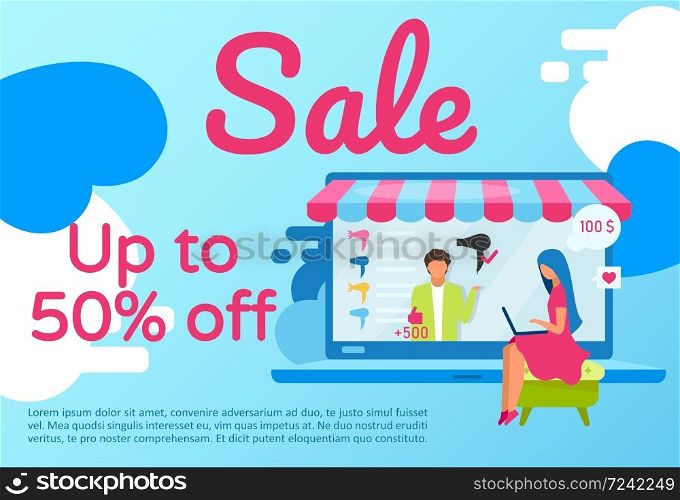 Online store sale brochure template. Flyer, booklet, leaflet concept with flat illustrations. Vector page layout for magazine. Ecommerce marketplace advertising leaflet with text space