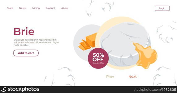 Online store selling brie cheese and delicatessen dairy products on sale. Discounts and promotions for clients, ordering and purchasing food. Website or webpage template, landing page flat vector. Brie cheese gourmet ingredients in online shop