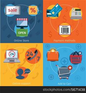 Online store shopping e-commerce payment methods flat set isolated vector illustration