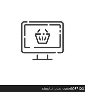 Online store thin line icon. Computer screen and shopping basket. Isolated outline commerce vector illustration