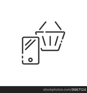 Online store thin line icon. Mobile payment. Smartphone and shopping basket. Isolated outline commerce vector illustration