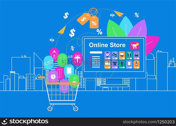 Online Store. White Shopcart and Different Mobile Application Icons on Blue Background with Outline City View. Trolley Full Purchases on Big Monitor with Internet Shop App. Flat Vector Illustration. Online Store. Trolley and Mobile Application Icons