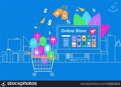 Online Store. White Shopcart and Different Mobile Application Icons on Blue Background with Outline City View. Trolley Full Purchases on Big Monitor with Internet Shop App. Flat Vector Illustration. Online Store. Trolley and Mobile Application Icons
