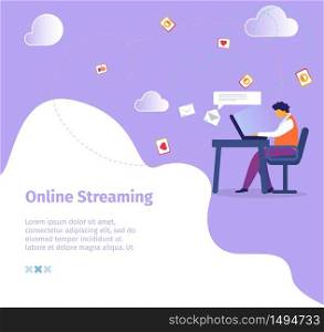 Online Streaming Square Banner. Young Male Character Blogger Lead Video Blog Channel in Internet, Social Media Marketing. Sharing Creative Idea via Smart Technologies. Cartoon Flat Vector Illustration. Young Blogger Lead Video Blog Channel in Internet