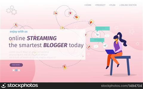 Online Streaming the Smartest Blogging Today Horizontal Banner. Young Woman Broadcasting Own Blog and Posting Content in Social Media Network. Blogging and Vlogging. Cartoon Flat Vector Illustration. Young Woman Broadcasting Own Blog in Social Media