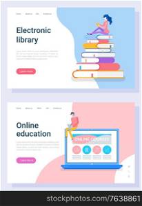 Online studying, reading library in computer, distance education. People communication with monitor, e-book technology, student e-learning, webinar vector. Landing page flat style, webpage template. Education Webpage, Distance Technology Vector
