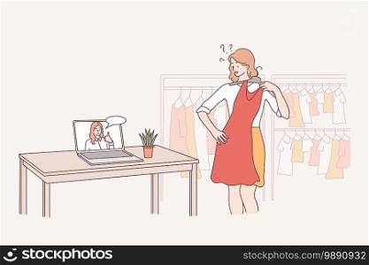 Online stylist, fashion consultation, choosing best apparel concept. Woman personal stylist consulting client online and demonstrating clothes to customer on laptop from studio illustration. Online stylist, fashion consultation, choosing best apparel concept