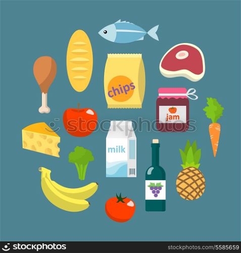 Online supermarket foods flat concept of grocery or butchery design elements with meat fish fruits and vegetables vector illustration