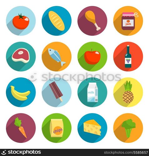 Online supermarket foods flat icons set of meat fish fruits and vegetables isolated vector illustration