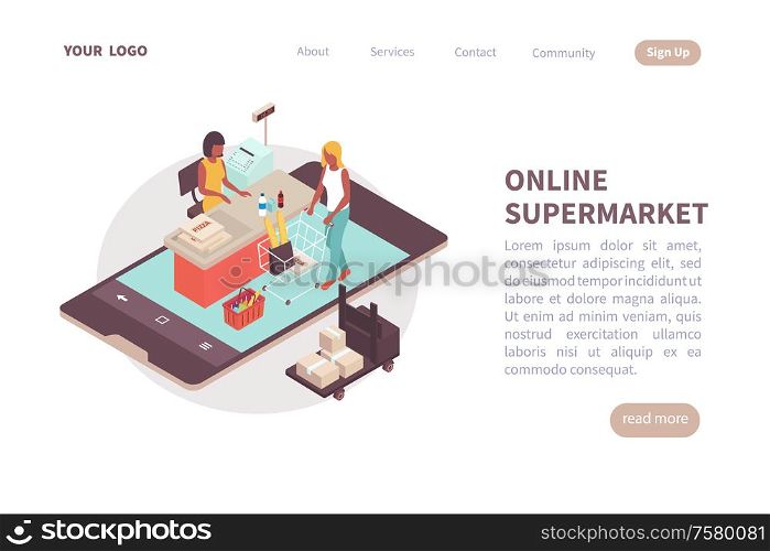 Online supermarket landing page layout with place for text information about services and contacts isometric vector illustration
