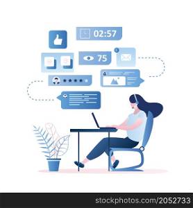 Online support and feedback, female consultant with headphone at workplace,speech bubbles with signs and internet symbols,trendy style vector illustration
