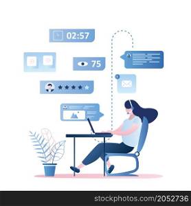 Online support and feedback, female consultant with headphone at workplace,speech bubbles with signs and internet symbols,trendy style vector illustration
