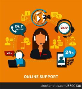Online support composition on yellow background with operator in headset during communication by mobile devices vector illustration. Online Support Composition