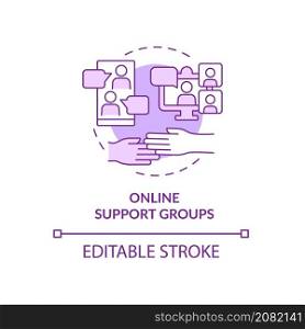 Online support group purple concept icon. Therapy sessions abstract idea thin line illustration. Virtual community. Isolated outline drawing. Editable stroke. Roboto-Medium, Myriad Pro-Bold fonts used. Online support group purple concept icon