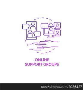 Online support group purple gradient concept icon. Mental health therapy abstract idea thin line illustration. Anonymous chat room. Isolated outline drawing. Roboto-Medium, Myriad Pro-Bold fonts used. Online support group purple gradient concept icon