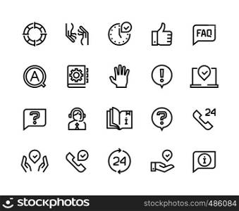 Online support line icons. Service customer help information chat call assist info user manual guide. Customers support app vector set. Online support line icons. Service customer help information chat call assist info user manual guide. Customers support vector set