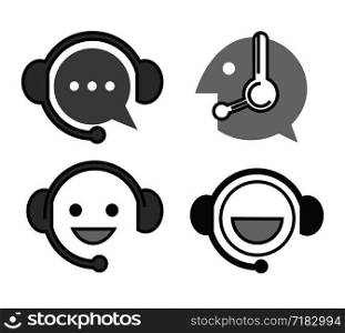 Online support monochrome icons with head in headset. Simple face in headphones with microphone in black and white colors. Hot line service logos isolated cartoon flat vector illustrations set.. Online support monochrome icons with head in headset