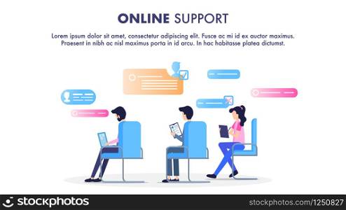 Online Support Operator Sit on Chair Workplace. Man and Woman Call Center Service Worker. Character use Modern Device Computer Laptop Tablet to Chat. Flat Cartoon Vector Illustration. Online Support Operator Sit on Chair Workplace