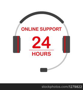 Online support service concept,headphone with microphone and text isolated on white background,cartoon vector illustration