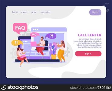 Online support service flat landing page with call center operators answering questions vector illustration